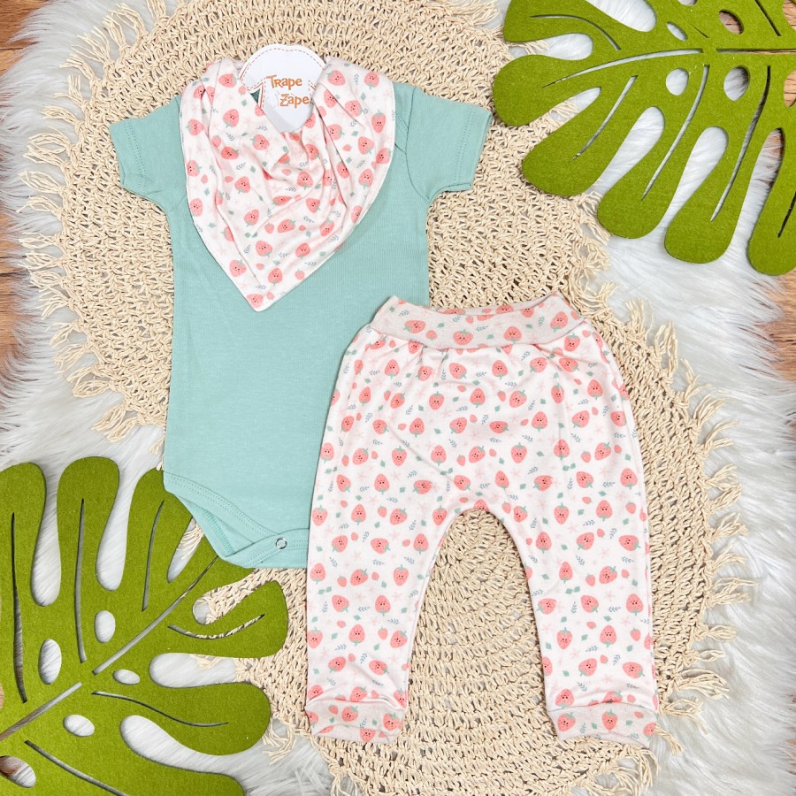 Conj. Body Manga Curta, Babador Bandana e Calça Moranguinhos - Rosa e Verde